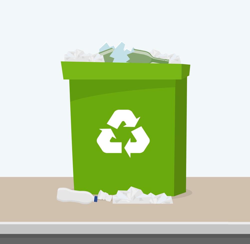 contenedor con residuos. reciclaje y clasificación de basura. papelera verde con símbolo de reciclaje. papelera llena de basura. ilustración vectorial vector