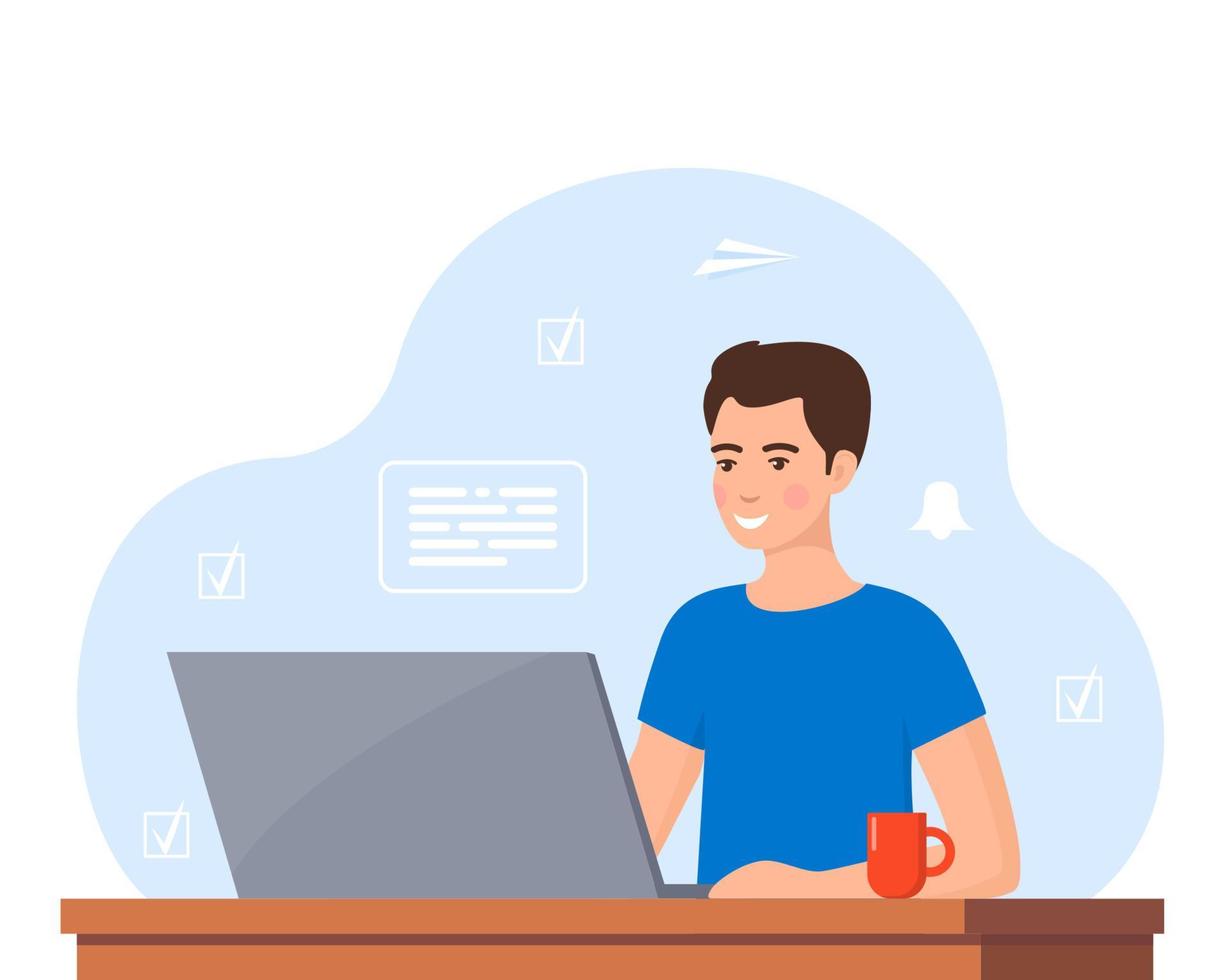 Young man working on laptop at home office. Freelancer at work, remote work. Young man sitting at a desk with a laptop and coffee cup. Flat style color modern vector illustration.