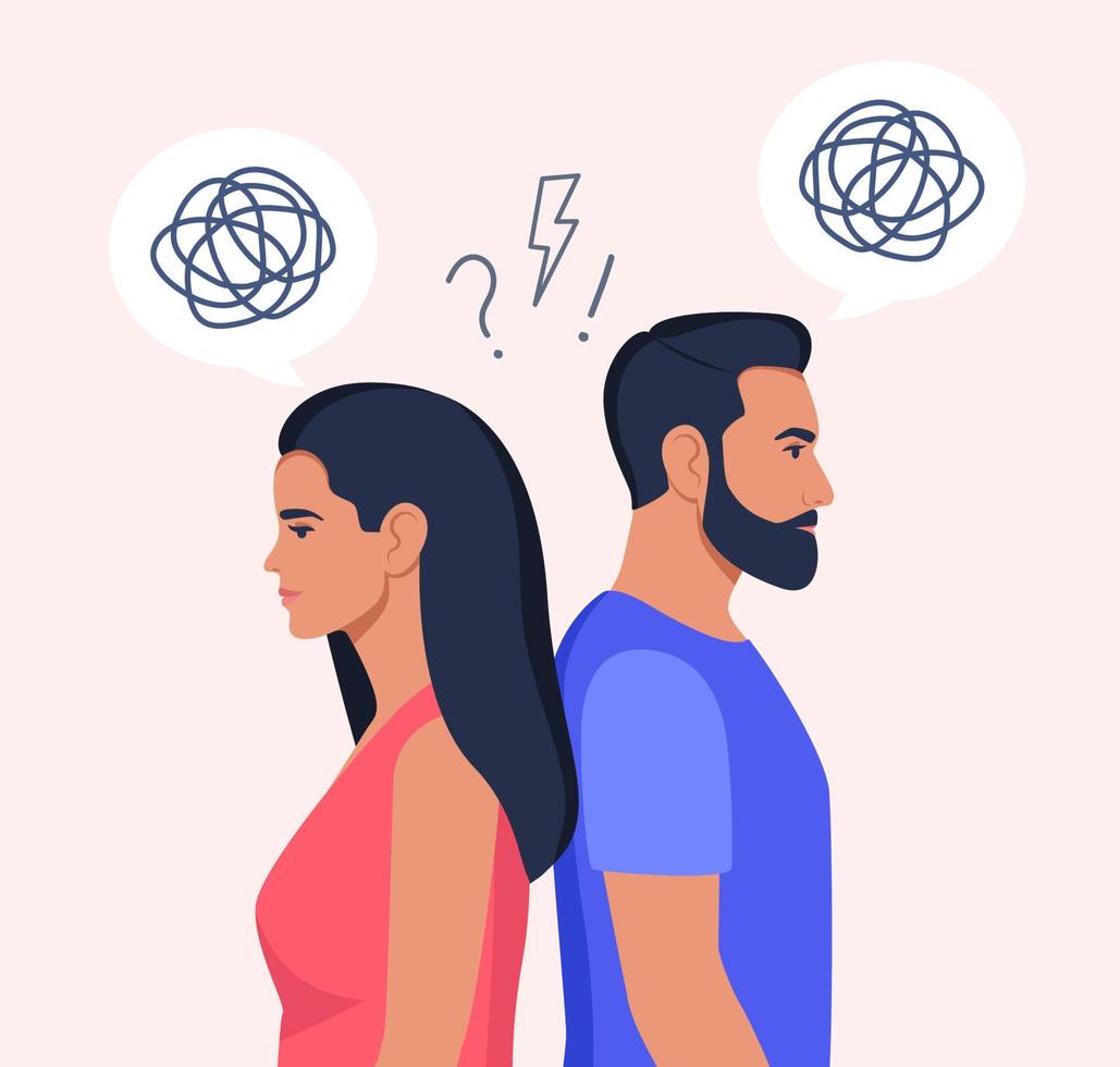 Man and woman stand with their backs to each other, tangled thoughts in their head. Concept of divorce, misunderstanding, disagreement, relationship troubles. Man and woman in a quarrel. Vector. vector