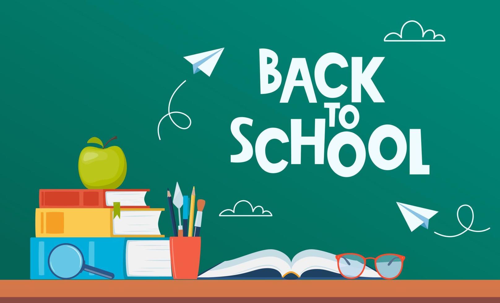 Back to school poster, banner. Lettering Back to school inscription with clouds and paper airplanes flying around, drawn with chalk on a board. Pile of books. Vector. vector