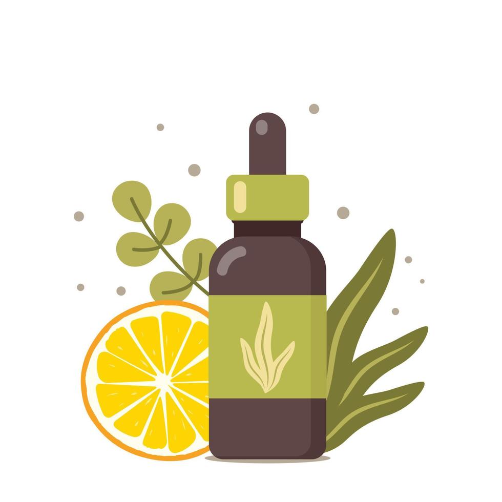 Natural cosmetic from organic plants. Tropical leaves and orange slice. Dermatological treatment. Organic, aromatherapy, essential oil. Herbal beauty product. Vector illustration.