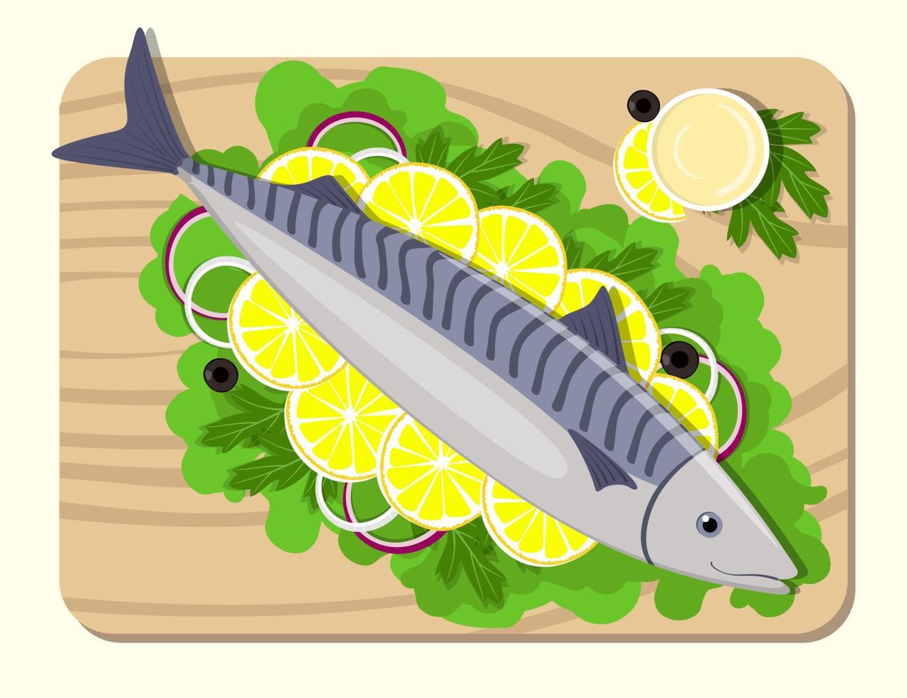 Fish on a cutting board with lemon slices, lettuce leaves, onion, sauce, parsley. Cooking of mackerel. Vector flat illustration.