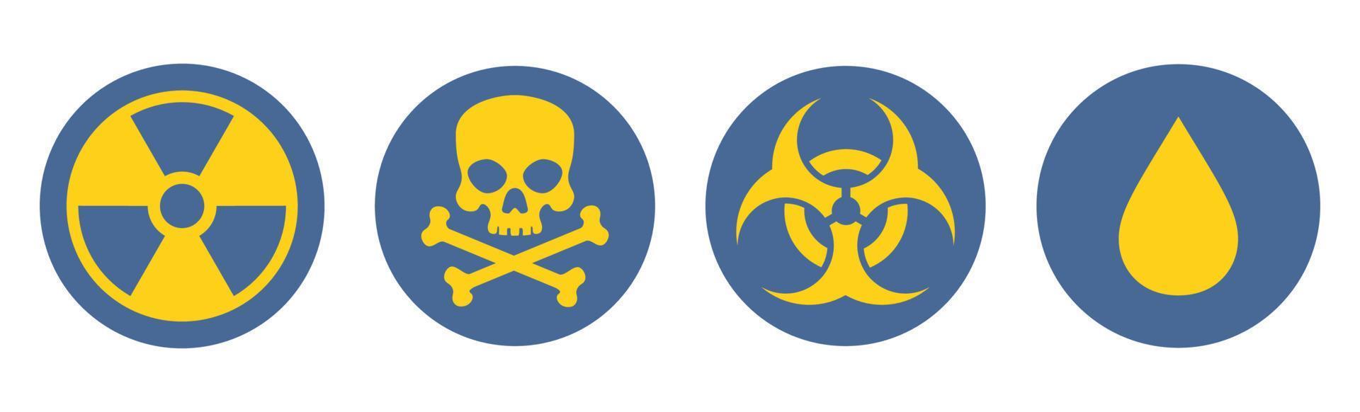 Danger sign, set of vector icons. Hazard and warning symbols radiation ionization, biohazard caution, danger zone, poison. Vector illustration.