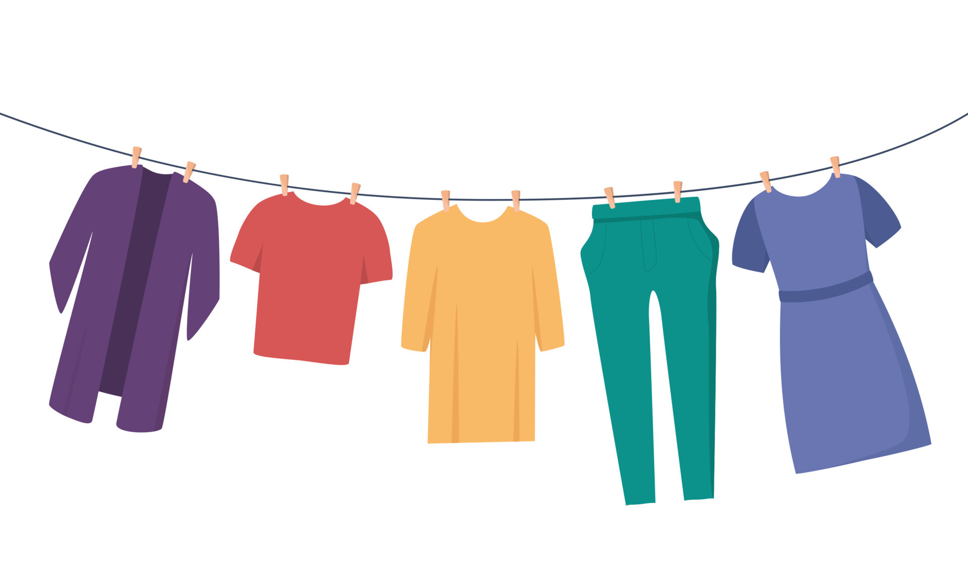 Clothes on clothesline. Clothes and accessories after washing on a rope