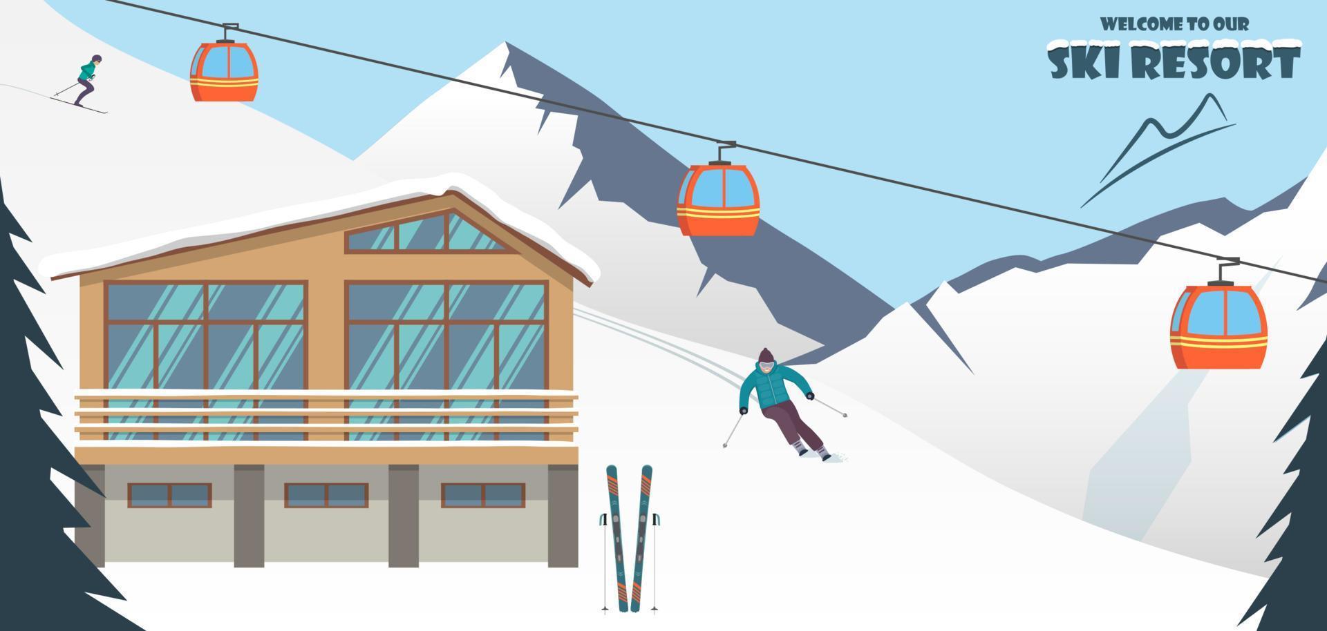estación de esquí. paisaje montañoso invernal con cabaña, remonte, esquiador, carreras por la pendiente. banner de vacaciones de deportes de invierno. ilustración vectorial vector