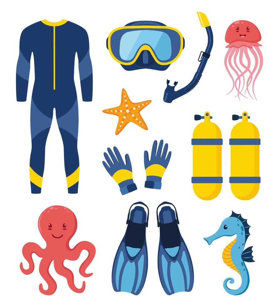Diving equipment, set. Scuba diving, aqualung oxygen cylinders, diving costume, flippers, mask and tube. Marine life elements. Starfish, octopus, jellyfish. Vector illustration.