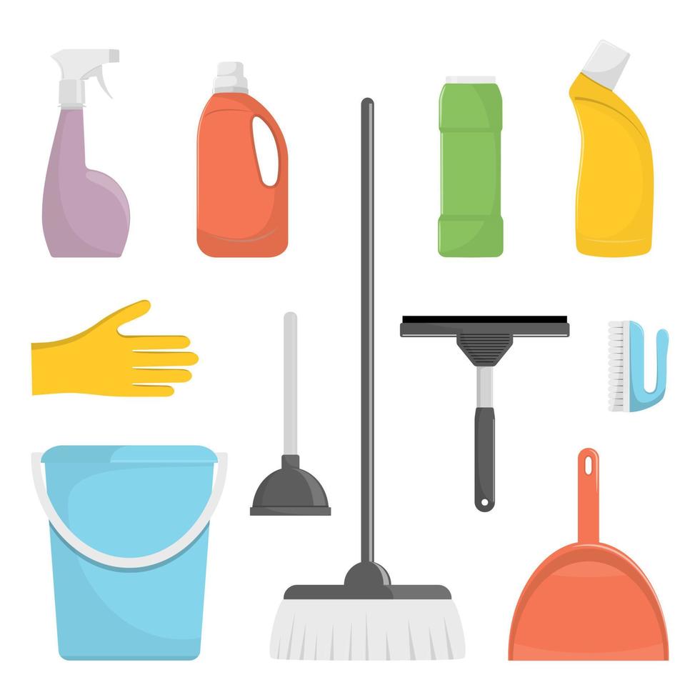 Set of cleaning tools and detergents. Bucket, scoop and brush for sweeping, washing powder, bottle of spray, sponge, brush, glass scraper, rubber gloves. Vector illustration in flat style.