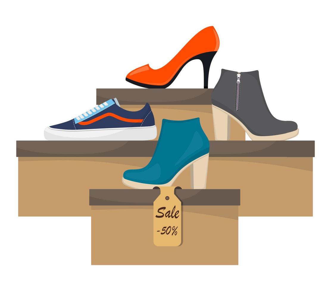 cajas de zapatos con calzado de mujer. zapatillas de deporte modernas con estilo, zapatos de tacón alto de mujer en la caja, vista lateral. la etiqueta de precio con descuento del 50 por ciento. venta de zapatos en la tienda. ilustración plana vectorial. vector