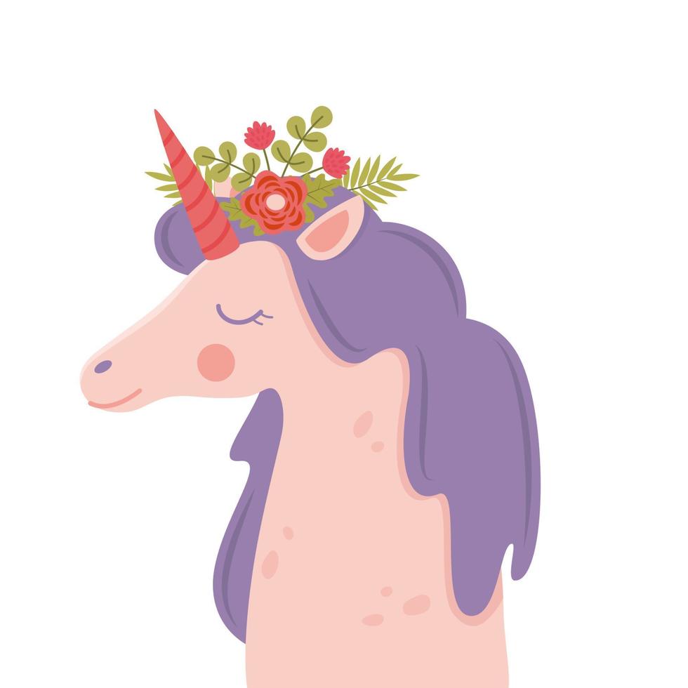 Cute unicorn face. Funny character with flowers decoration. Cartoon illustration for children's fashion fabrics, textile graphics, prints, cards. Colorful vector illustration.