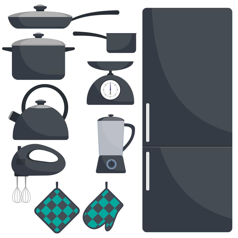 utensilios y electrodomésticos de cocina, juego. nevera, sartén, cazo, tetera, batidora, batidora, balanza, manoplas para el horno. ilustración plana vectorial. vector