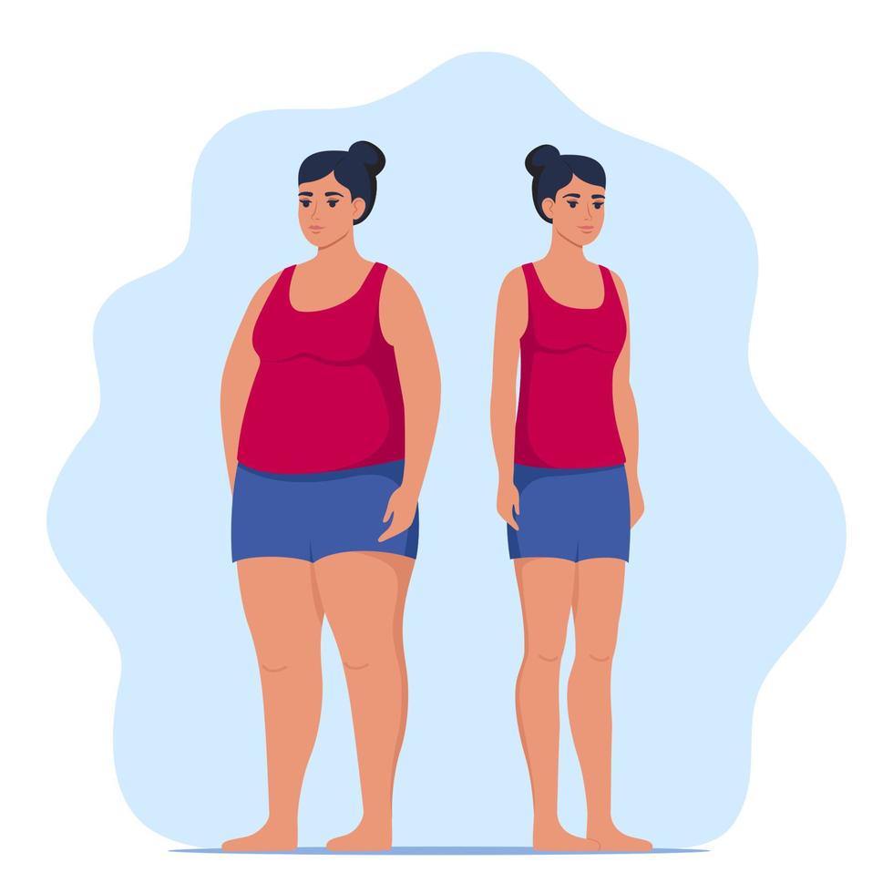 Fat and slim woman, before and after weight loss. Woman in sportswear standing. Vector illustration.