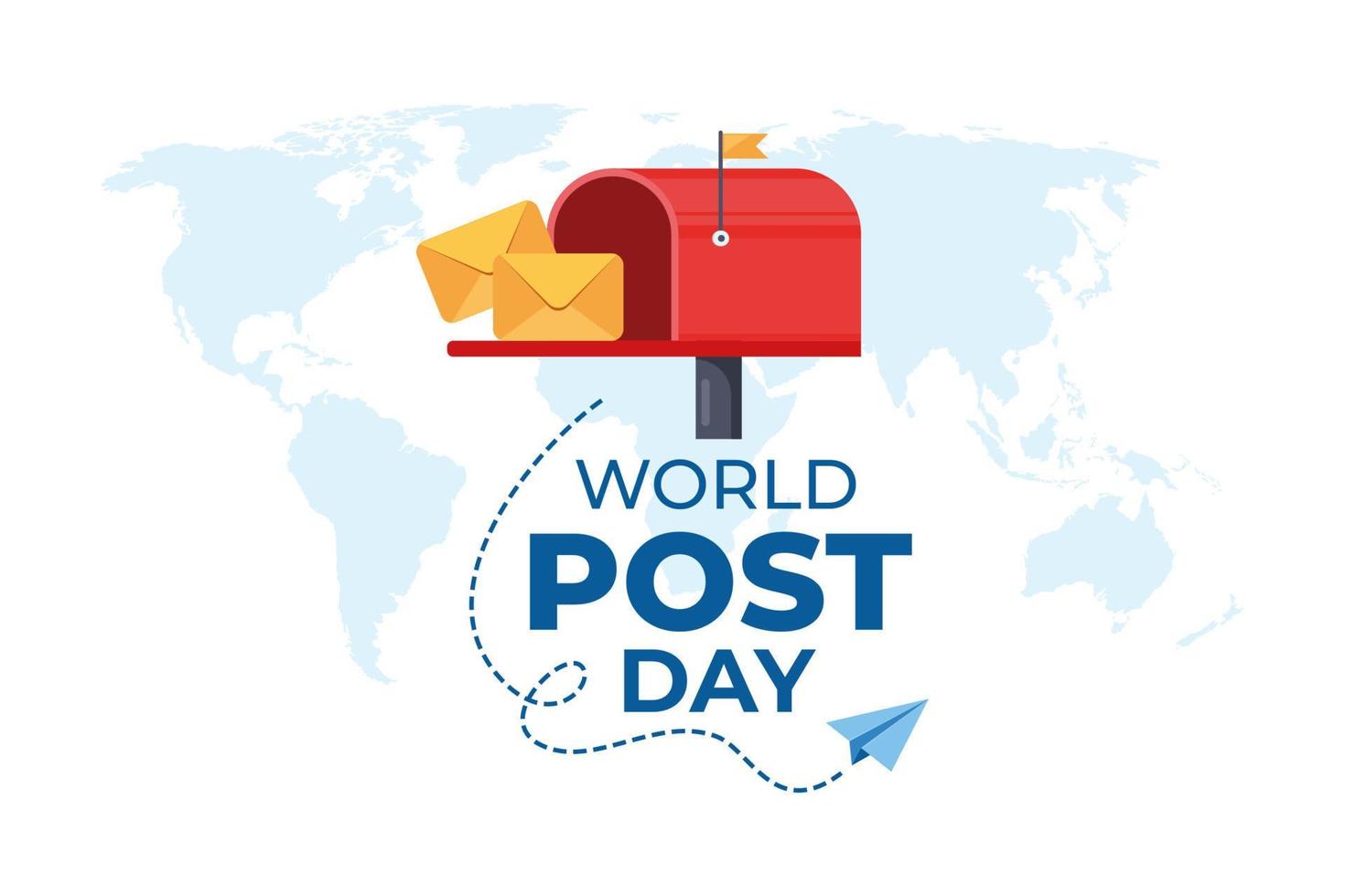 World Post Day with Flying mail paper on the world with world map background. Red post box with envelope. Vector illustration.