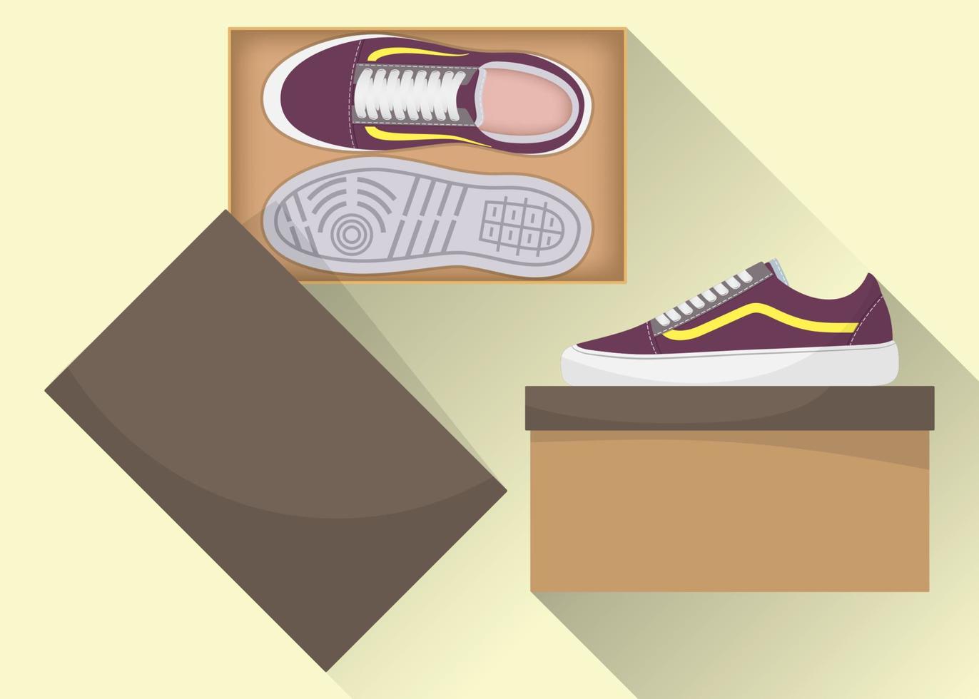 Stylish modern sneakers in box, side and top view. Sneakers in a shoe box. Sports or casual shoes. Illustration for a shoe store. Vector flat illustration.