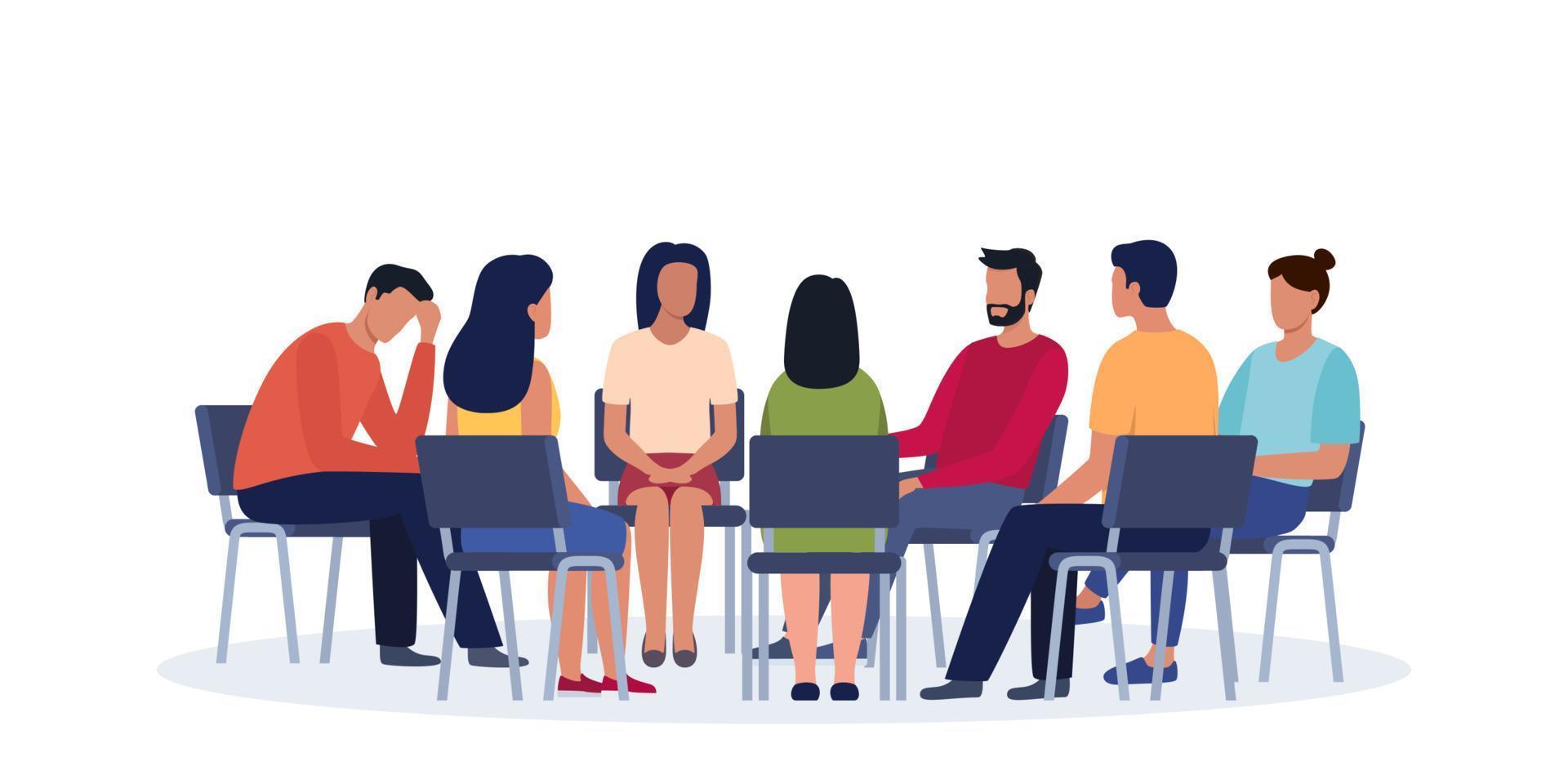 Group psychotherapy. Persons sitting in circle and talking. People meeting. Psychotherapy training, business lecture or conference. Man woman support group. Vector illustration.