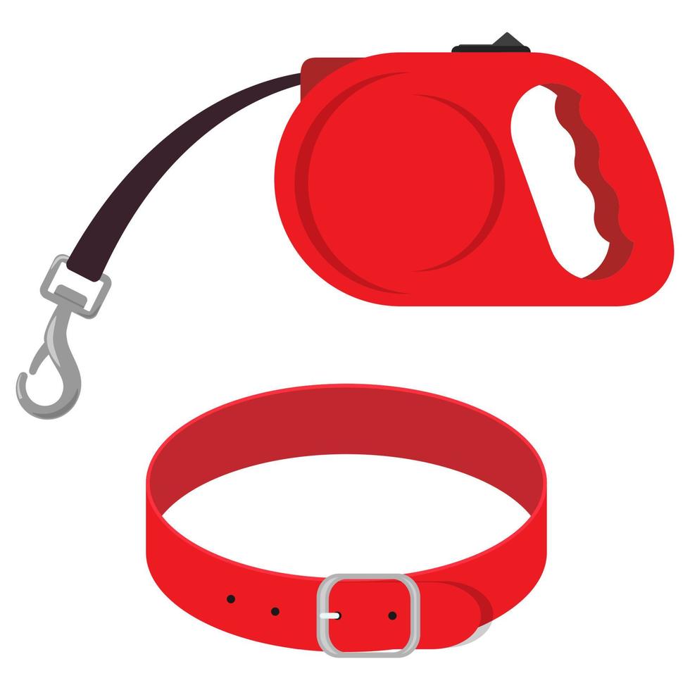 Retractable leash and collar for dog. Modern roulette lead for pets. Animal accessories for walk. Cartoon vector illustration.
