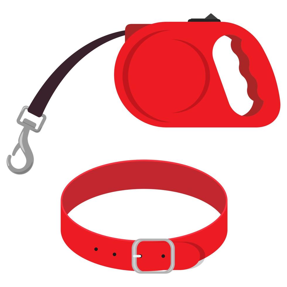 Retractable leash and collar for dog. Modern roulette lead for pets. Animal accessories for walk. Cartoon vector illustration.