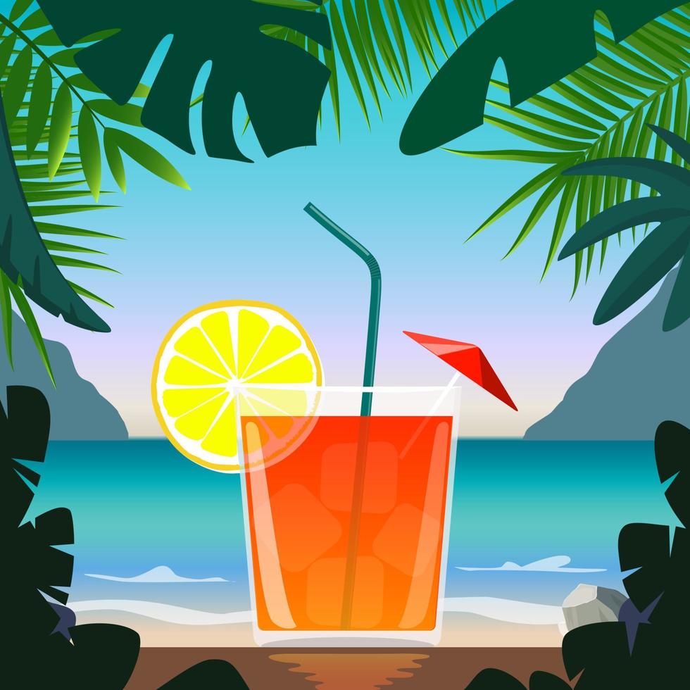 Exotic cocktail in beach bar on seashore. Cocktail with straw, lemon wedge and umbrella, surrounded by tropical leaves. Summer vacation concept. Beach bar poster. Summer party. Vector illustration.