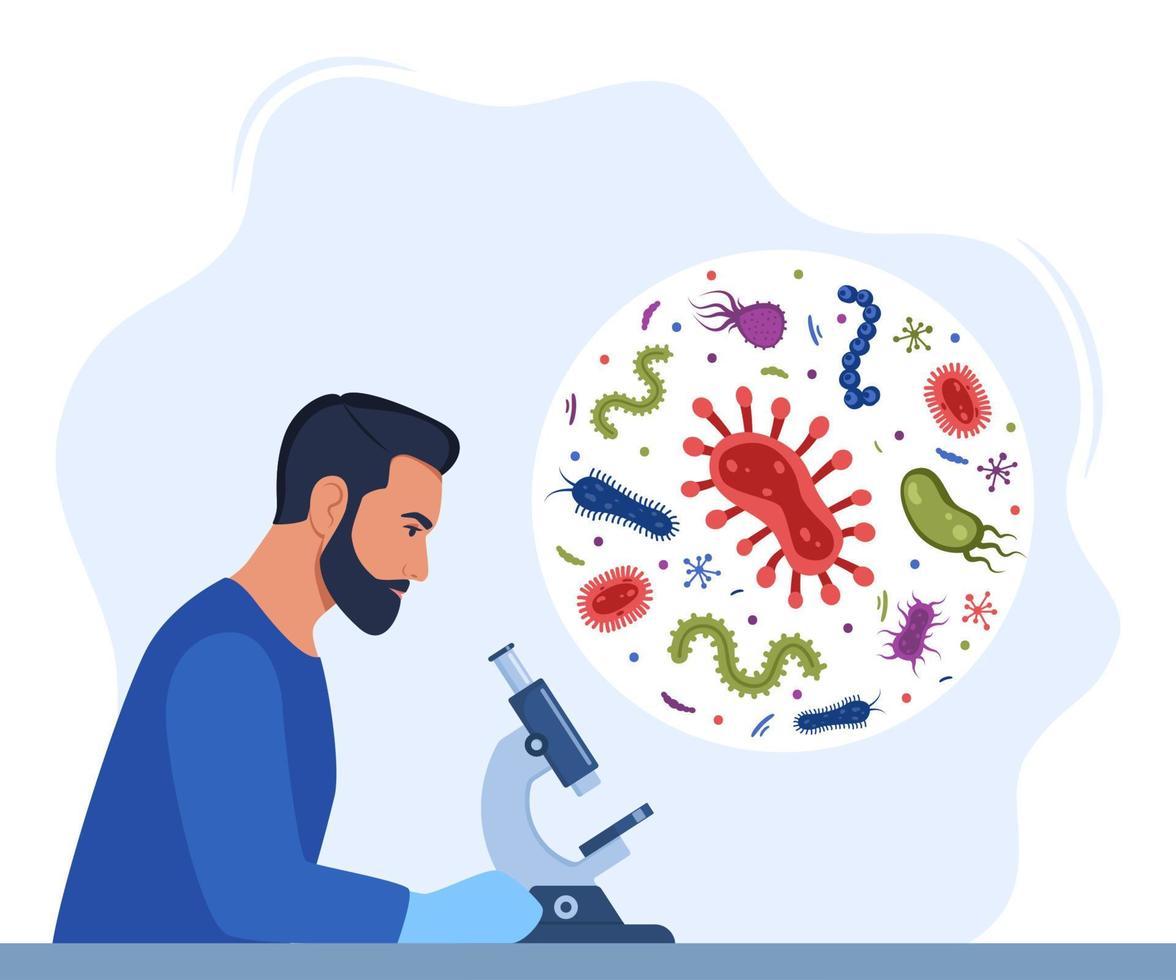 Man Scientist, microbiology researcher with microscope. Microbiologist study various bacteria, pathogenic microorganisms. Bacteria and germs in a circle. Vector illustration.