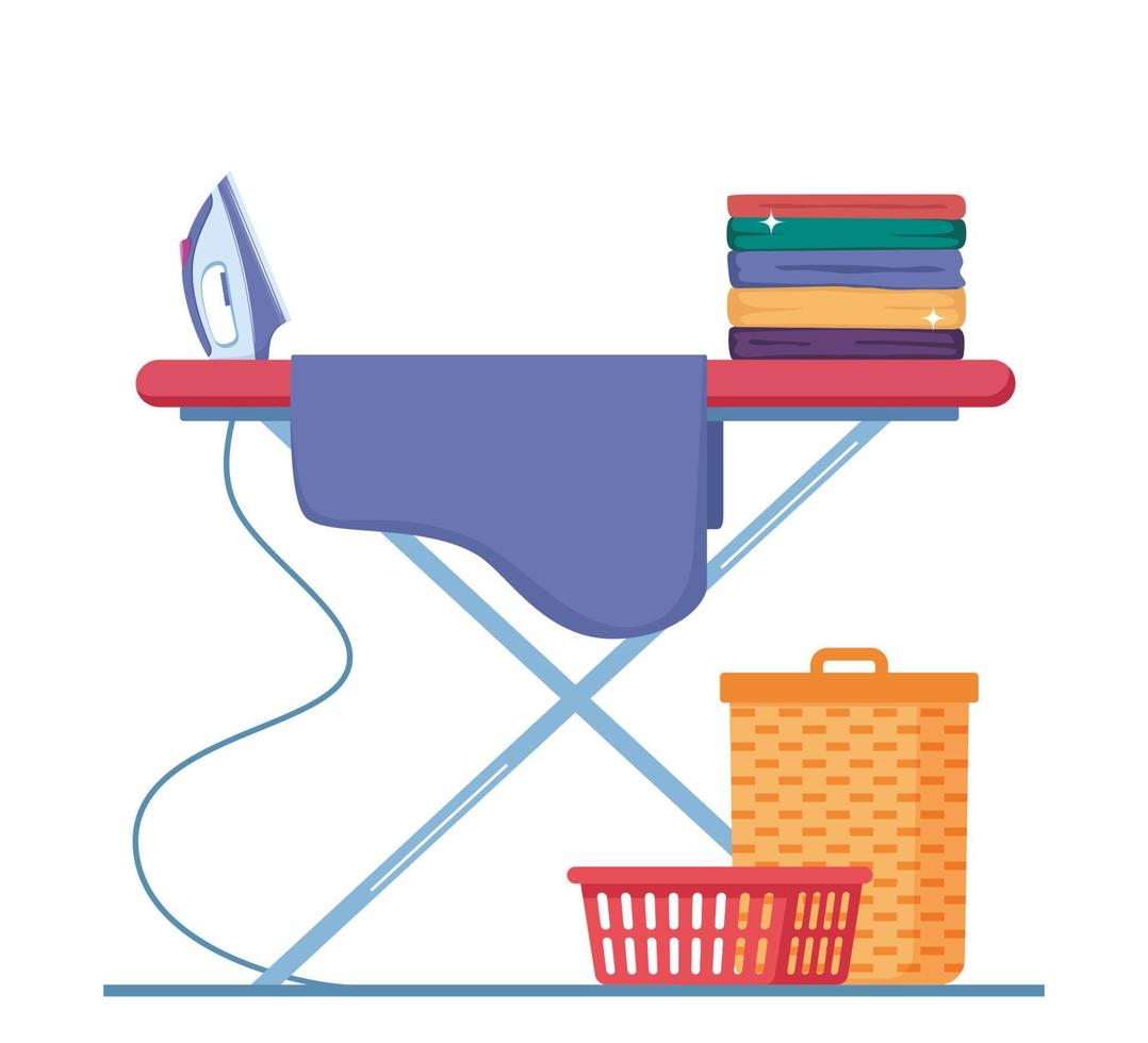 Iron and clothes on ironing board, laundry basket. Ironing clothes. Housekeeping, cleanliness concept. Flat vector illustration.