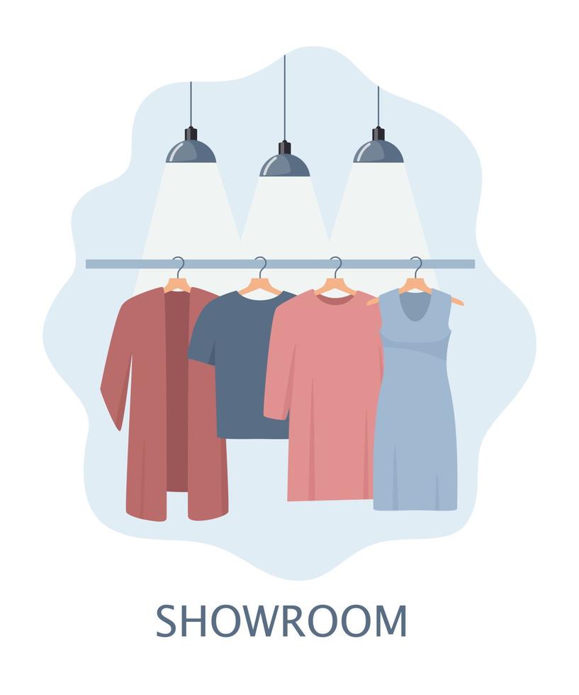 Clothes hang on a hanger, illuminated by lamps. Fashion boutique, assortment showroom. Women's personal wardrobe, dressing room. Trousers, summer dress on hangers. Vector illustration.