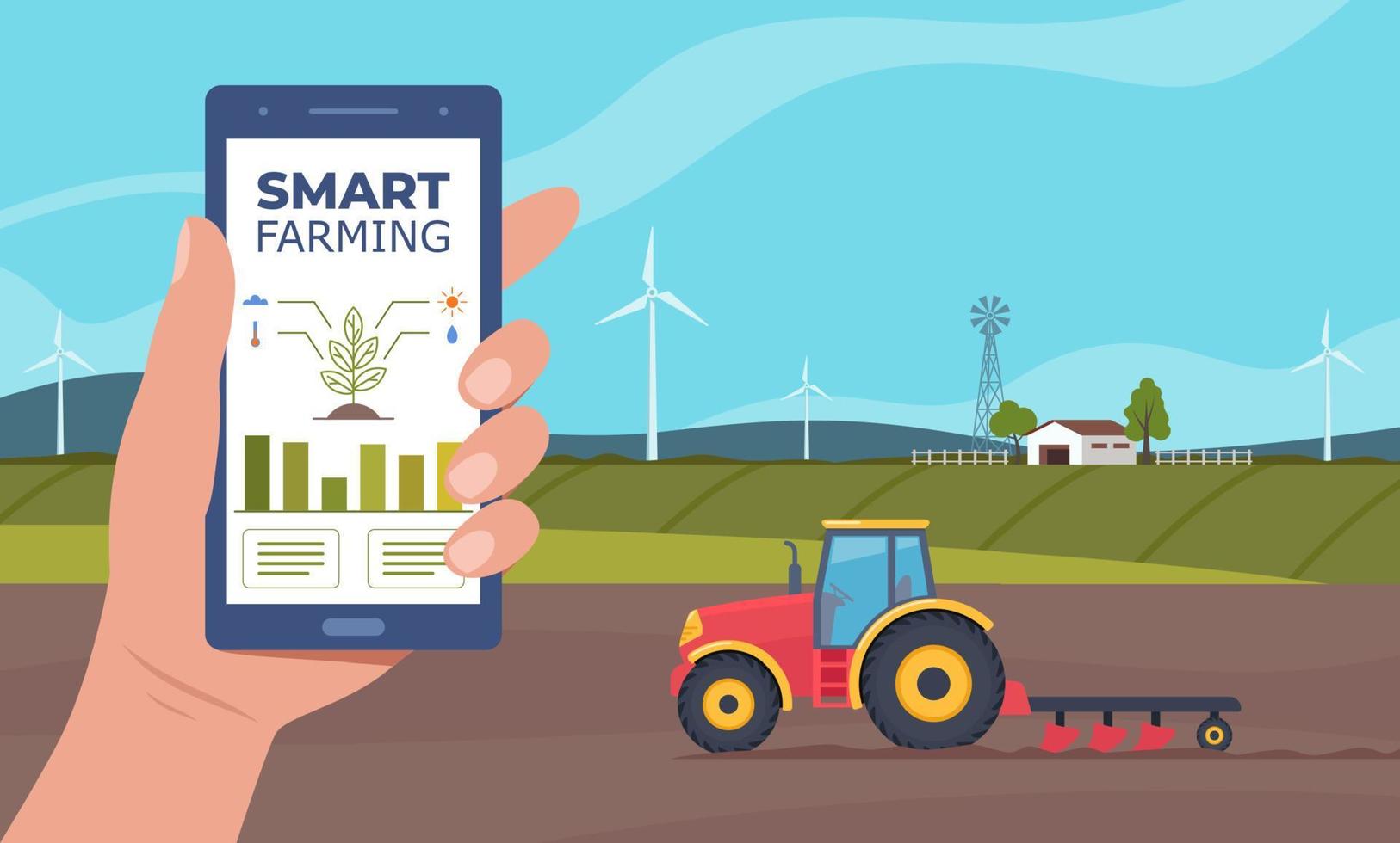 Smart farming, futuristic technologies in farm industry. Smartphone with app for control plants growing, agricultural automation. Tractor plowing the field. Vector illustration.