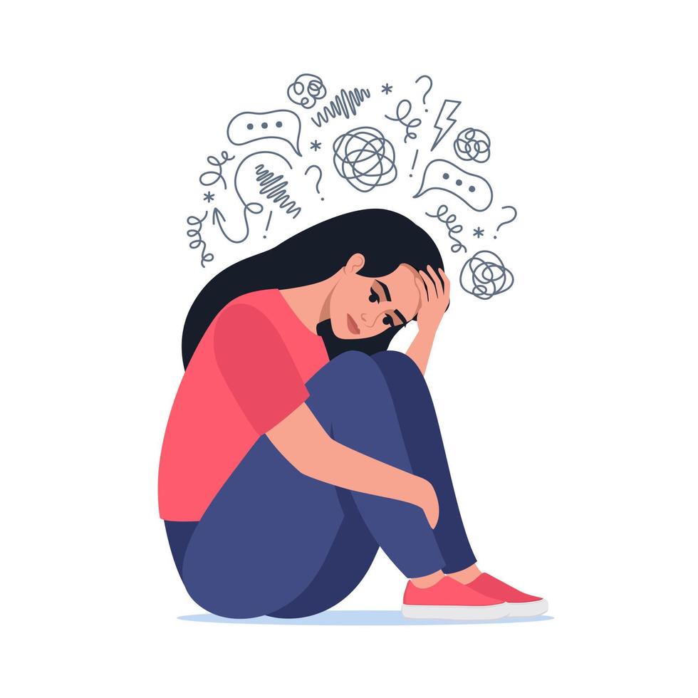 Young woman is sitting surrounded by stream of thoughts, chaos in head. Mental disorder, anxiety, depression, stress, headache. Dizziness, sad, anxious thoughts, emotional burnout. Vector. vector