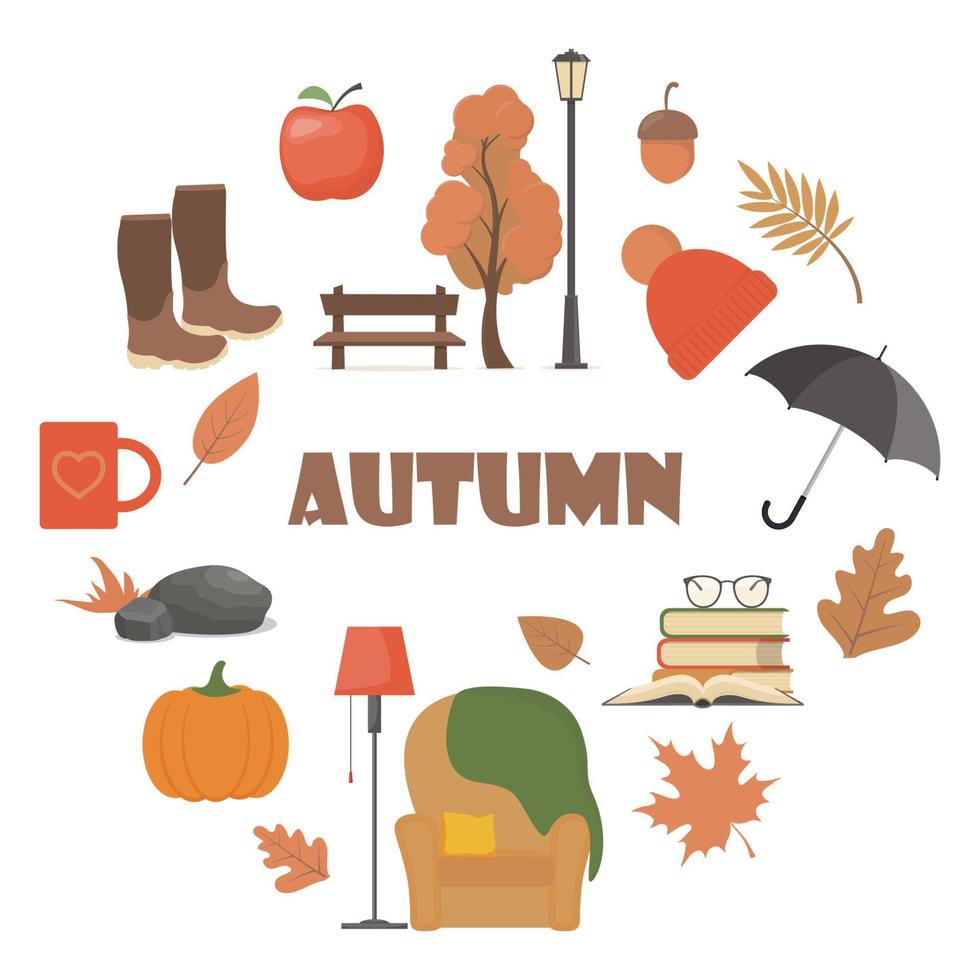 Autumn element set. Vector autumn attributes pumpkin, apple, boots, umbrella, chair, plaid, books, mug, tree, bench, lantern, hat, leaves, Illustration for web, card, poster, cover, tag, invitation.