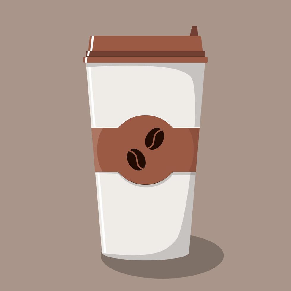 taza de café de papel con tapa y emblema con granos de café. café para llevar. Café para llevar. ilustración vectorial en estilo plano. vector