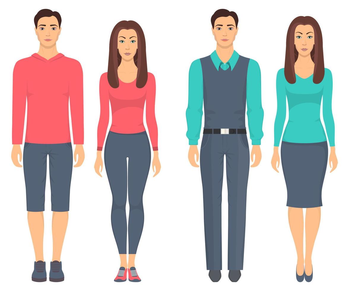 Men and women standing in full growth in different clothes. Couples in casual and sport clothes. Basic wardrobe. Vector illustration, isolated.