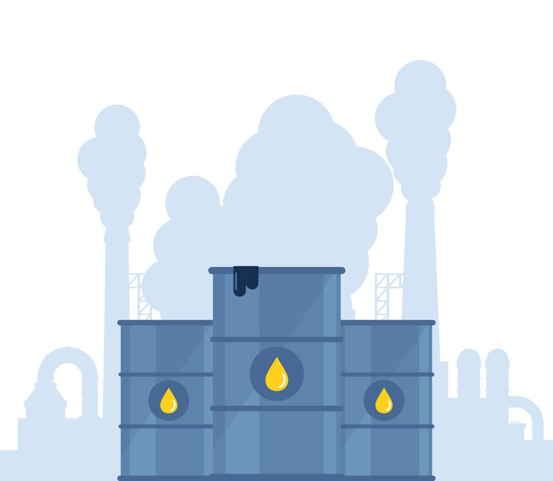 Barrels with oil drop icon and highly polluting factory plant with smoking towers and pipes on background. Barrel with waste. Ecology, environmental pollution. Vector illustration.
