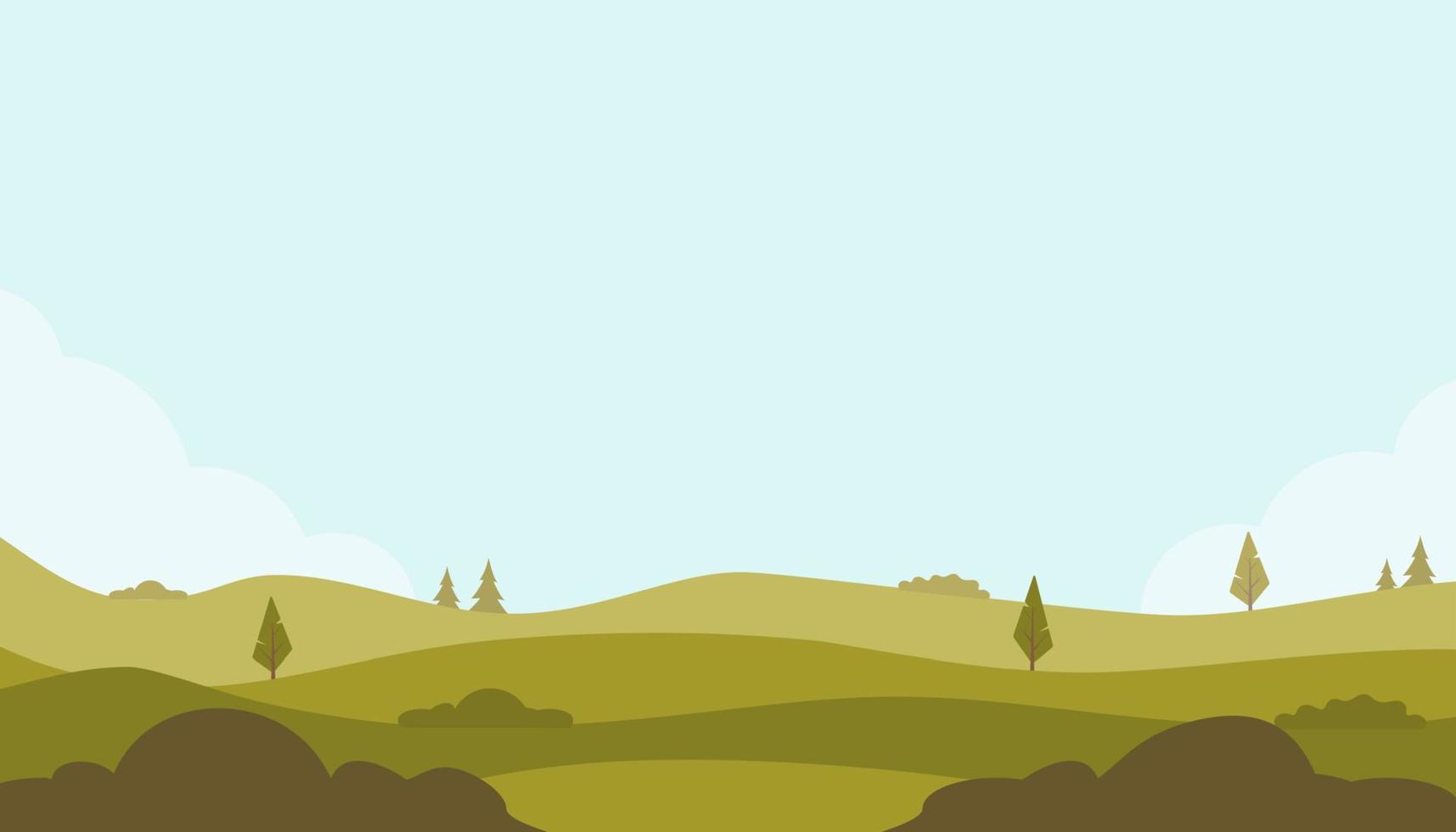 Beautiful fields landscape with a green hills, trees, bushes, bright color blue sky. Rural landscape. Countryside background for banner, animation. Vector flat illustration.