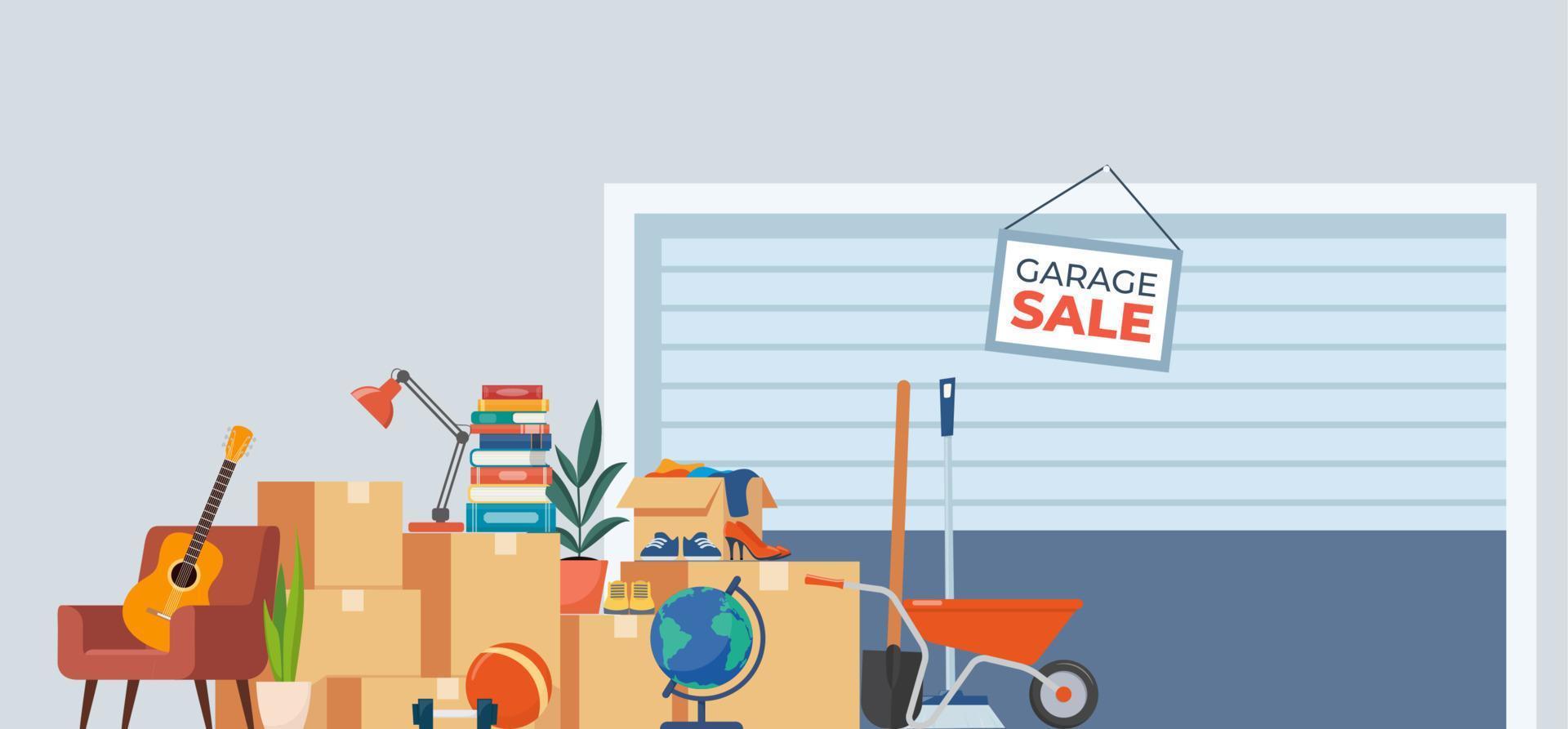 Garage sale background with furniture and accessory. House plants, guitar, books, clothes, chair and others. Flea market old stuff clutter. Vector illustration.