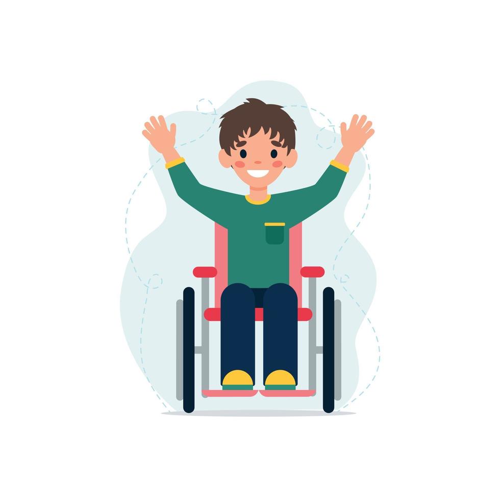 Cute smiling boy in wheelchair waving his hands. Child with disabilities. Concept of education, social adaptation of people with disabilities. Equal opportunities. Inclusivity. Vector illustration