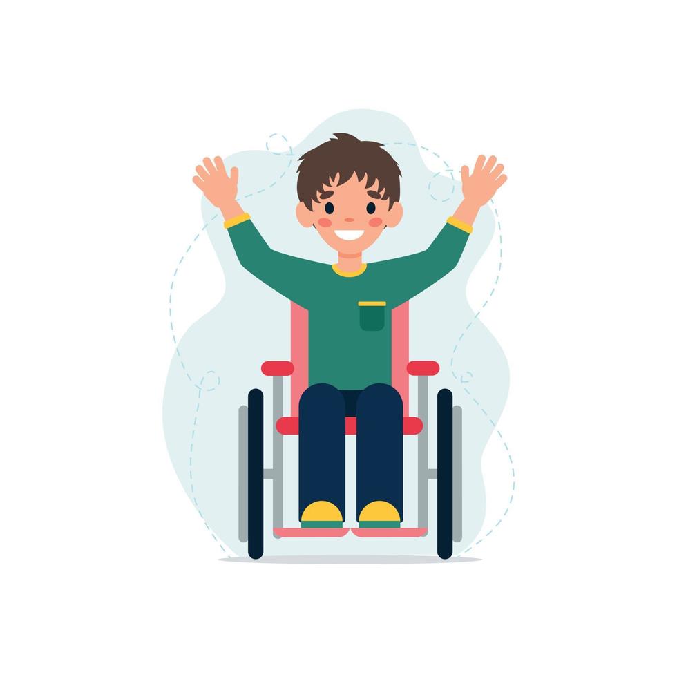 lindo niño sonriente en silla de ruedas agitando las manos. niño con discapacidad. concepto de educación, adaptación social de las personas con discapacidad. oportunidades iguales. inclusividad ilustración vectorial vector