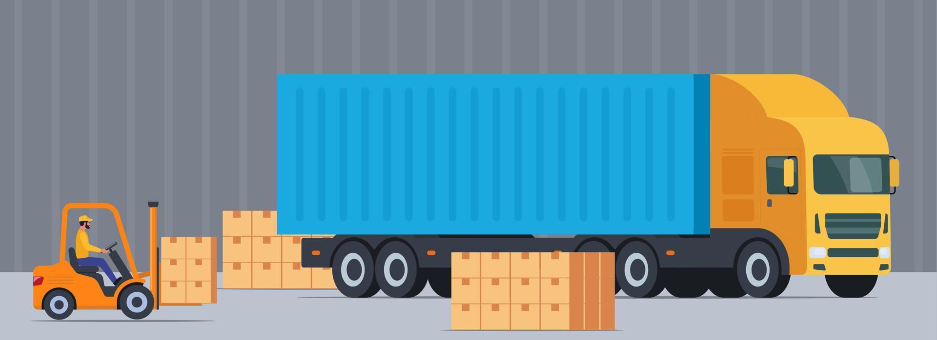 Loading the truck with boxes at the industrial warehouse with a forklift truck freight transportation, shipment and logistics. Vector illustration.