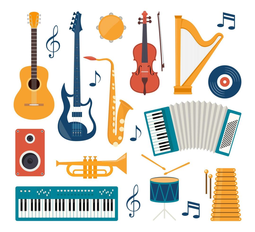 instrumentos musicales de diseño plano, conjunto de iconos. guitarra, sintetizador, violín, violonchelo, tambor, platillos, saxofón, acordeón, pandereta, trompeta, arpa, parlante. vector