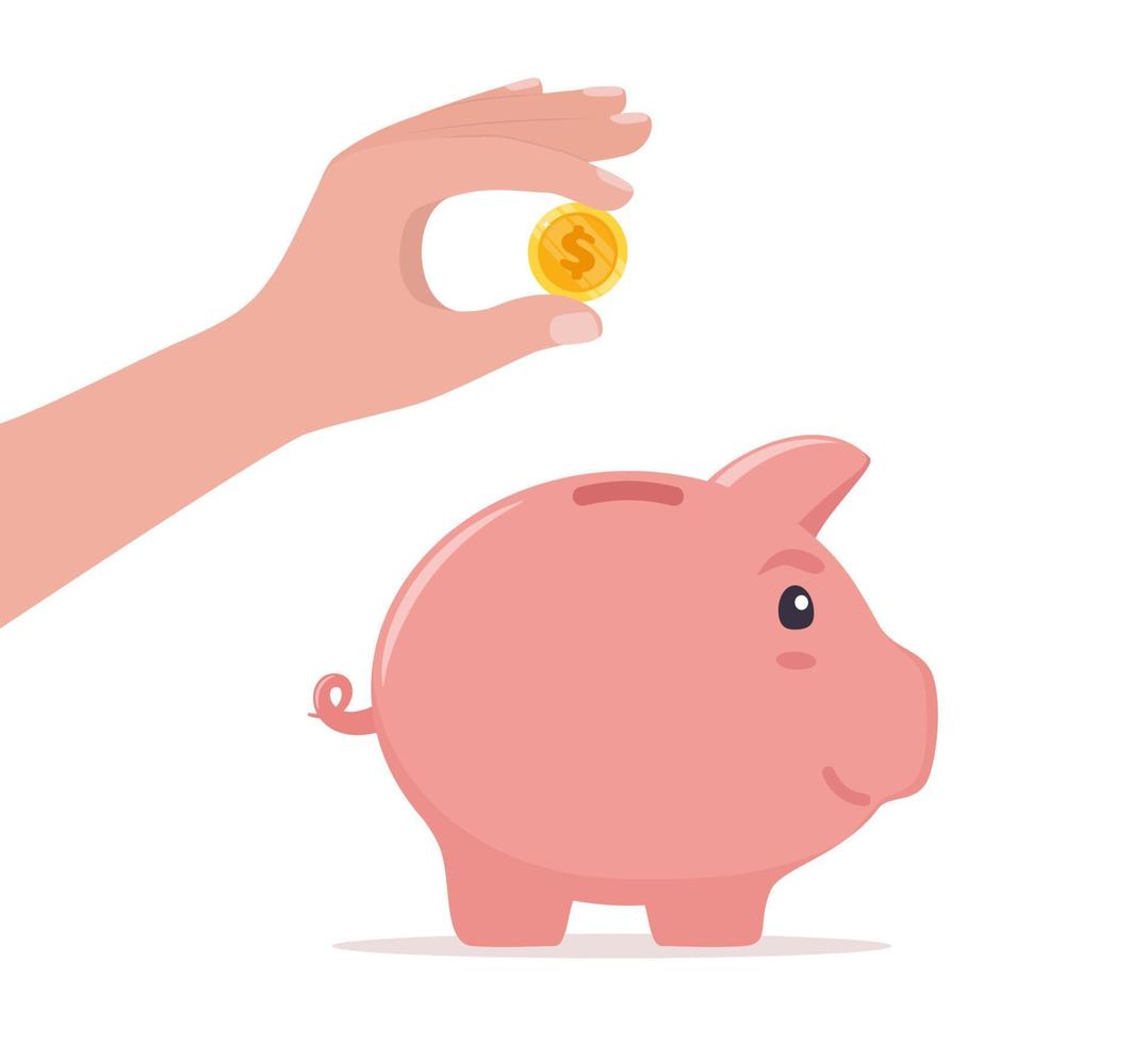 Human hand drops coin into piggy bank. Money saving, economy, investment, banking or business services concept. Profit, income, earnings, budget, fund. Vector illustration.