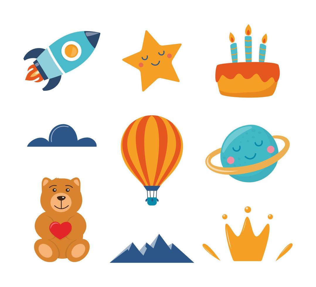 Cute kids decorative elements rocket, star, planet, teddy bear, cloud, cake, aerostat. Cartoon illustration for children's fashion fabrics, textile graphic, print, card. Colorful vector illustration.