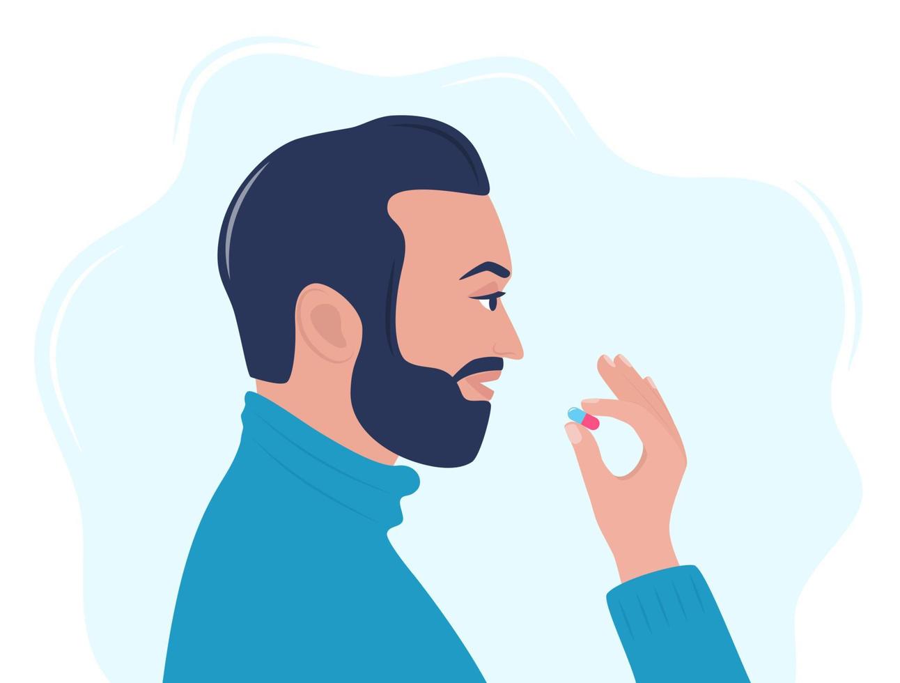 Man taking a pill in to his mouth. Man holds a pill in his hand and intends to take it. Medication treatment, pharmacy and medicine, concept vector illustration.