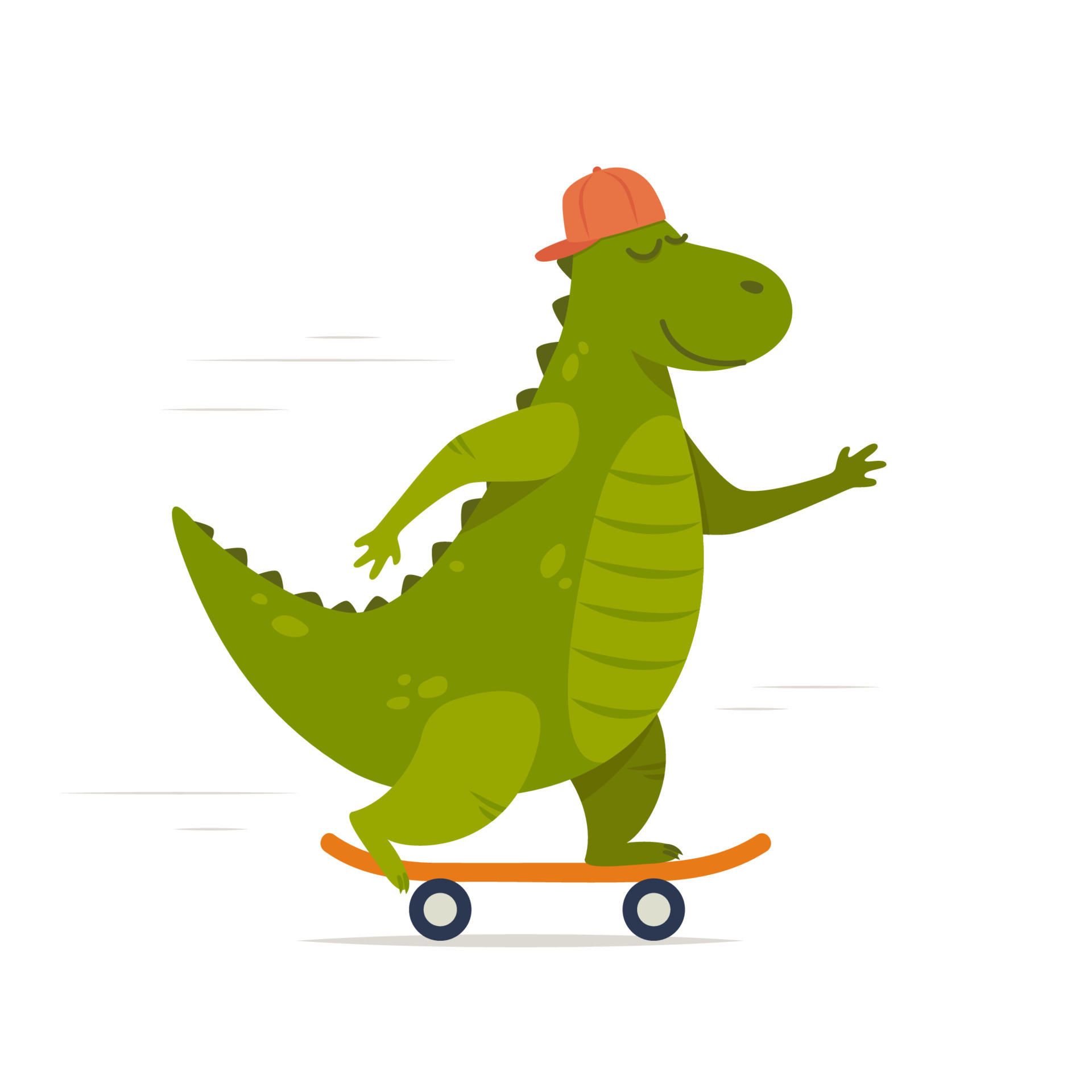 Cute dinosaur rides on skateboard. Tyrannosaur skateboarder. Kids print