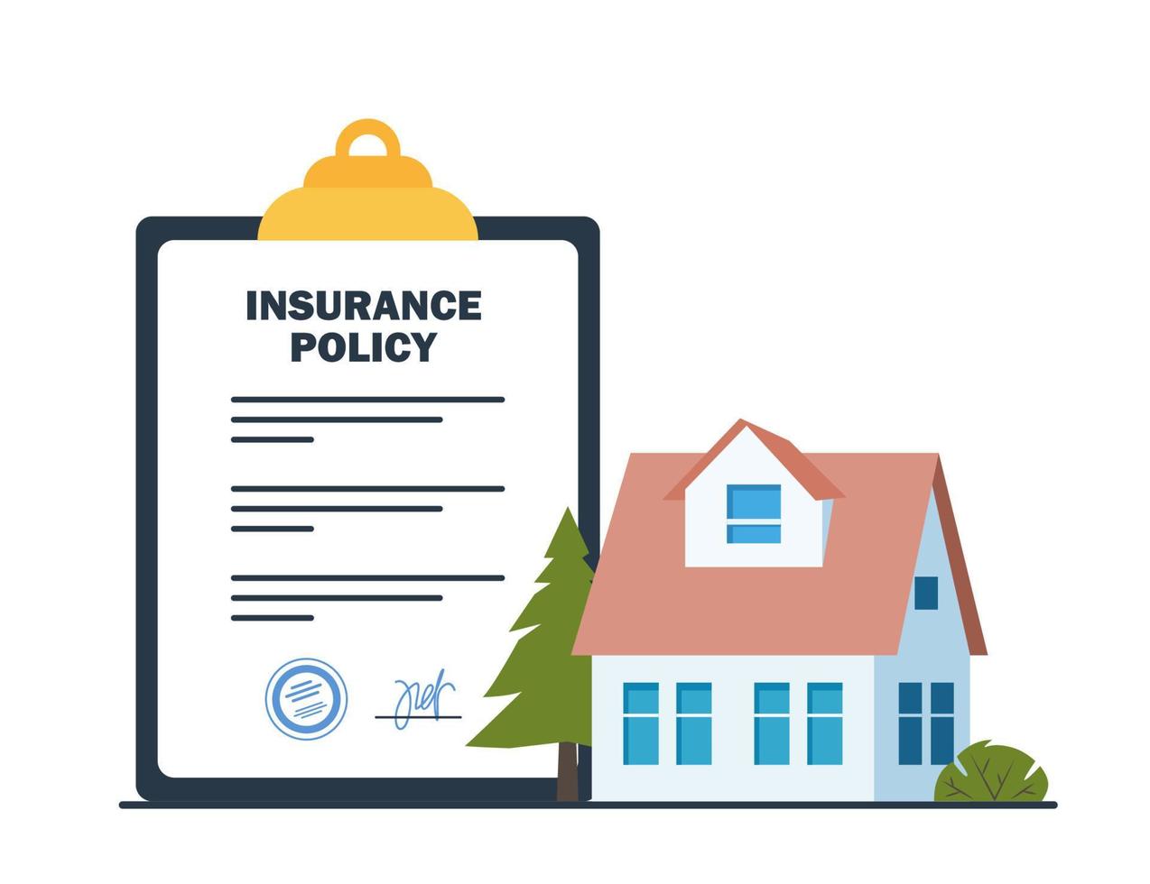 Real estate Insurance concept. Insurance policy on clipboard and beautiful private house. House insurance business services. Residential home real estate protection. Vector illustration.