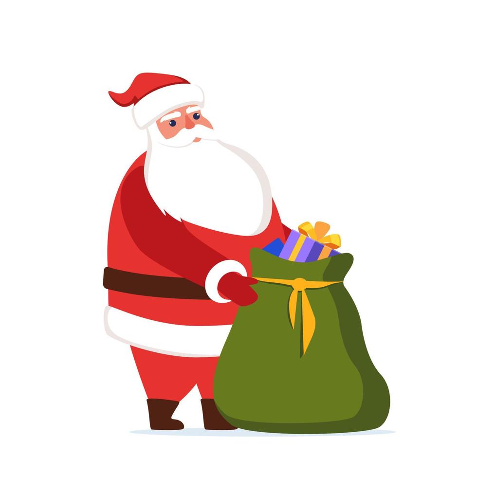 Cute Santa Claus character with gift bag in his hands. Merry Christmas and Happy New Year. Christmas card vector illustration.