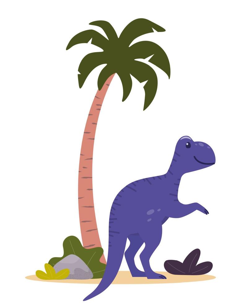 Cute dinosaur, palm and plants. Prehistoric jurrasic period wild fauna. Vector illustration in flat style.