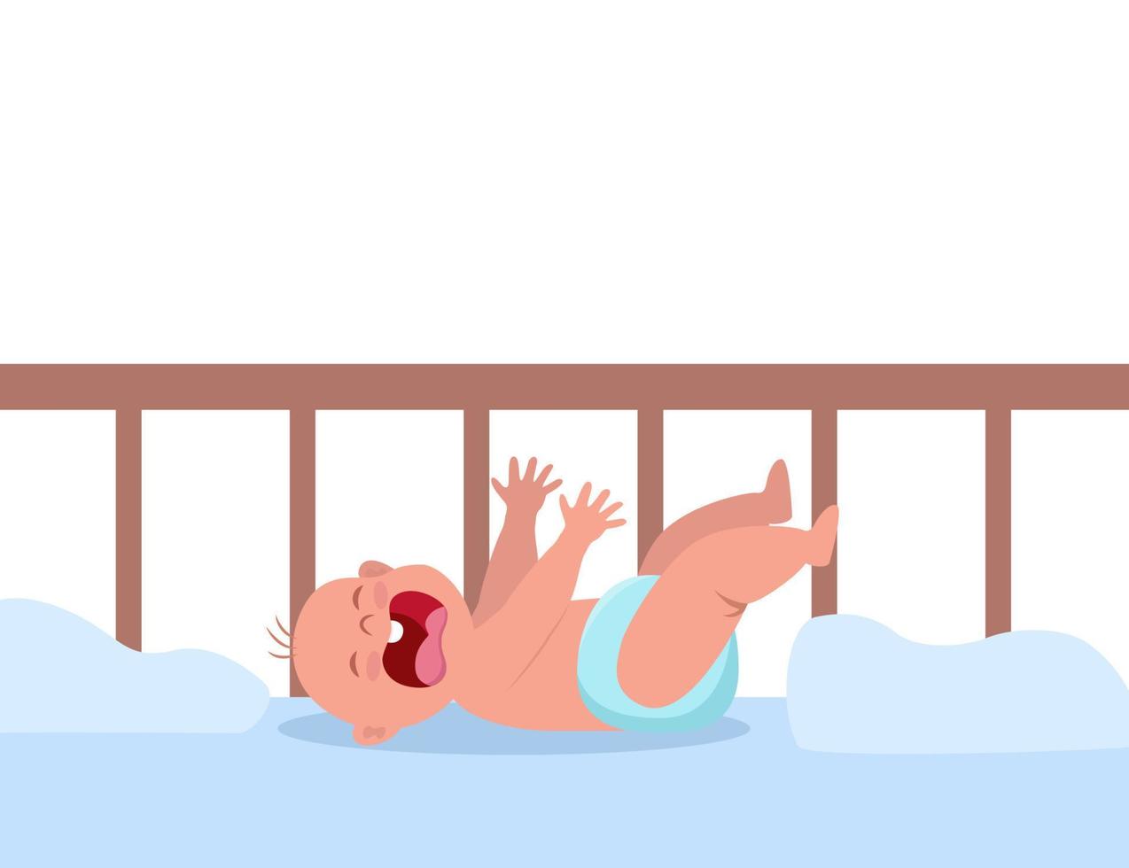 Little baby crying hesterically in crib. Crying baby lies and pulls up the handles. Little kid being unhappy. Flat vector Illustration.