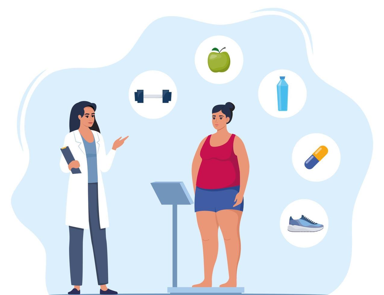 Fat woman standing on weigh scales. Doctor explain about health and how to loose weight, Obese patient, fat control instruction, diabetes patient, control calories, sports. Vector illustration.