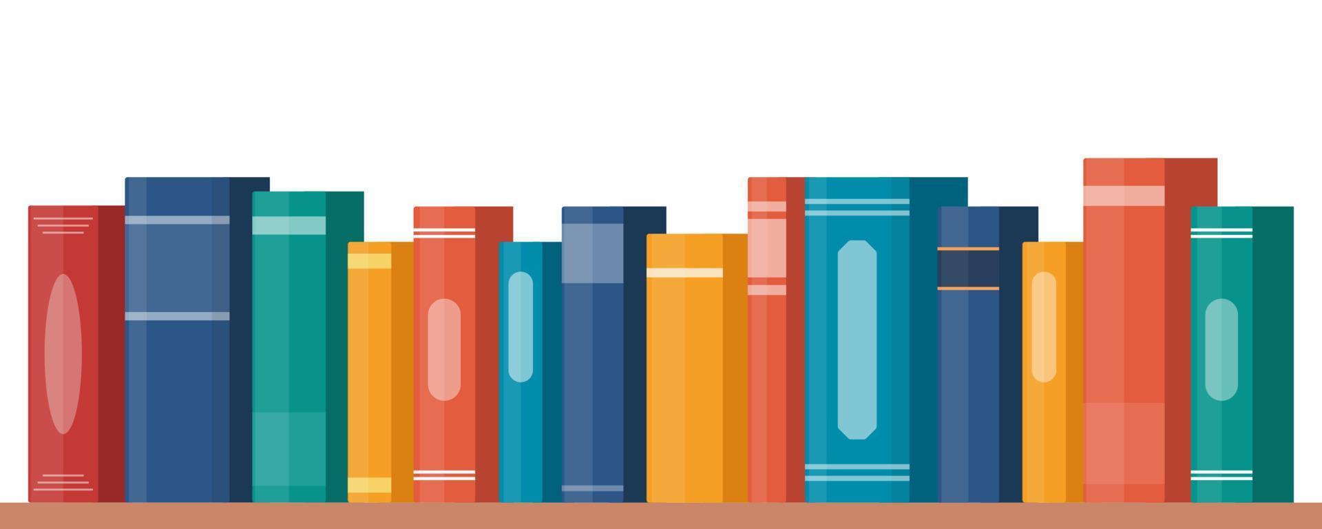 Book shelf with multicolored book spines. Books on a shelf. Vector illustration in flat style.