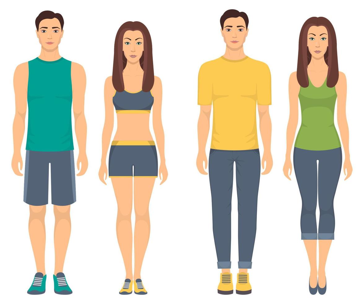 Couples in sportswear. Young men and women standing in full growth in different sports clothes for exercises in gym, running, fitness. Vector illustration, isolated.