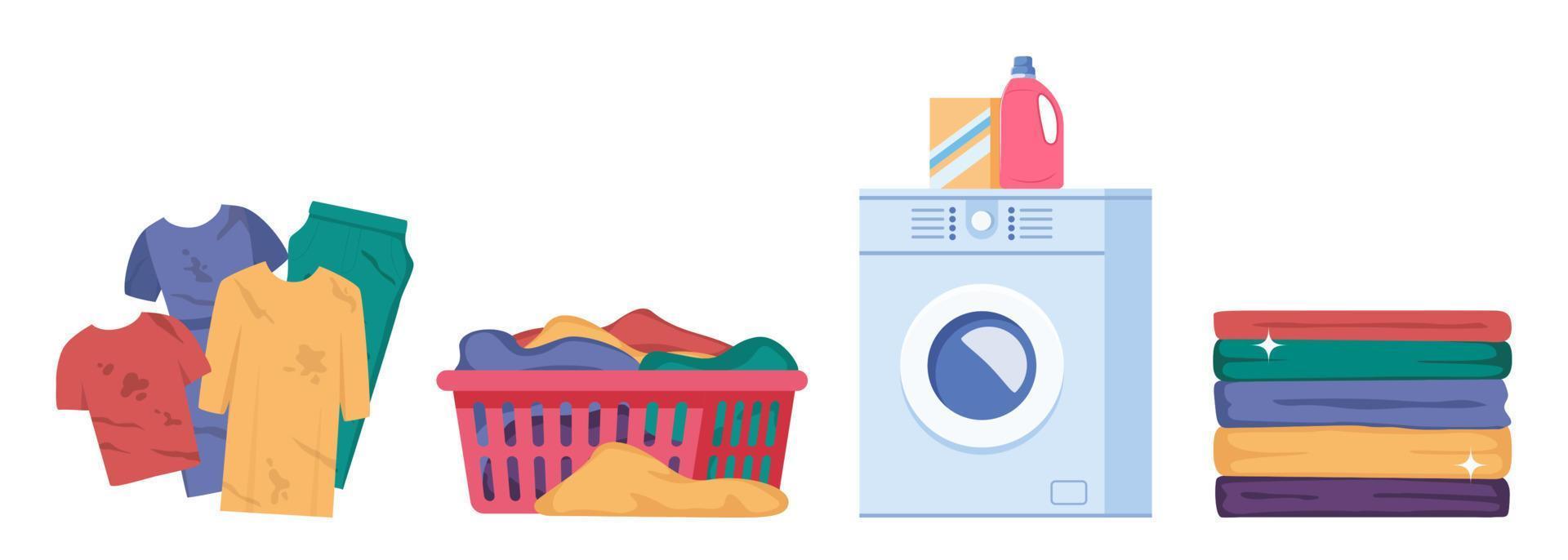 Laundry infographics with sequence of four different stages of washing process. Washing clothes. Dirty linen, washing machine, pile of clean clothes. Housekeeping concept vector illustration.