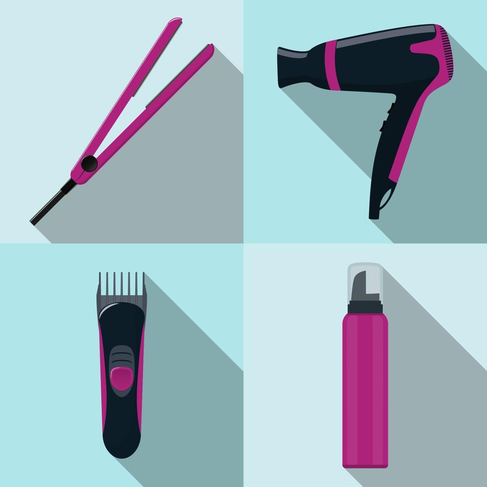 iconos de herramientas de peluquería, set. secador de pelo, plancha de pelo, maquinilla, mousse. Símbolos de peluquería profesional con sombras largas. ilustración vectorial, plano. vector