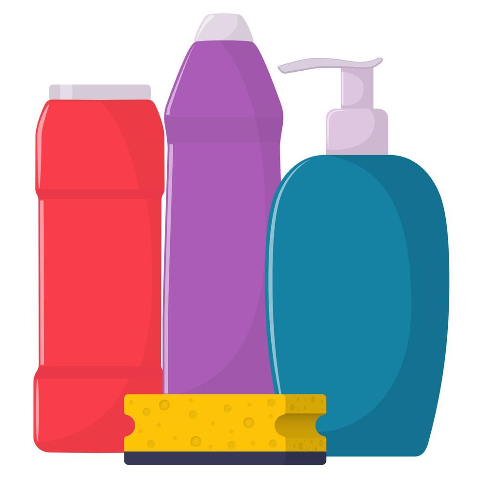 The bottles of detergent, washing powder, detergent powder, liquid soap, cleaning sponge. Cleaning services concept. Vector illustration, flat style, isolated.